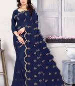 Blue embroidered georgette saree with blouse