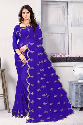 Royal blue embroidered georgette saree with blouse 3