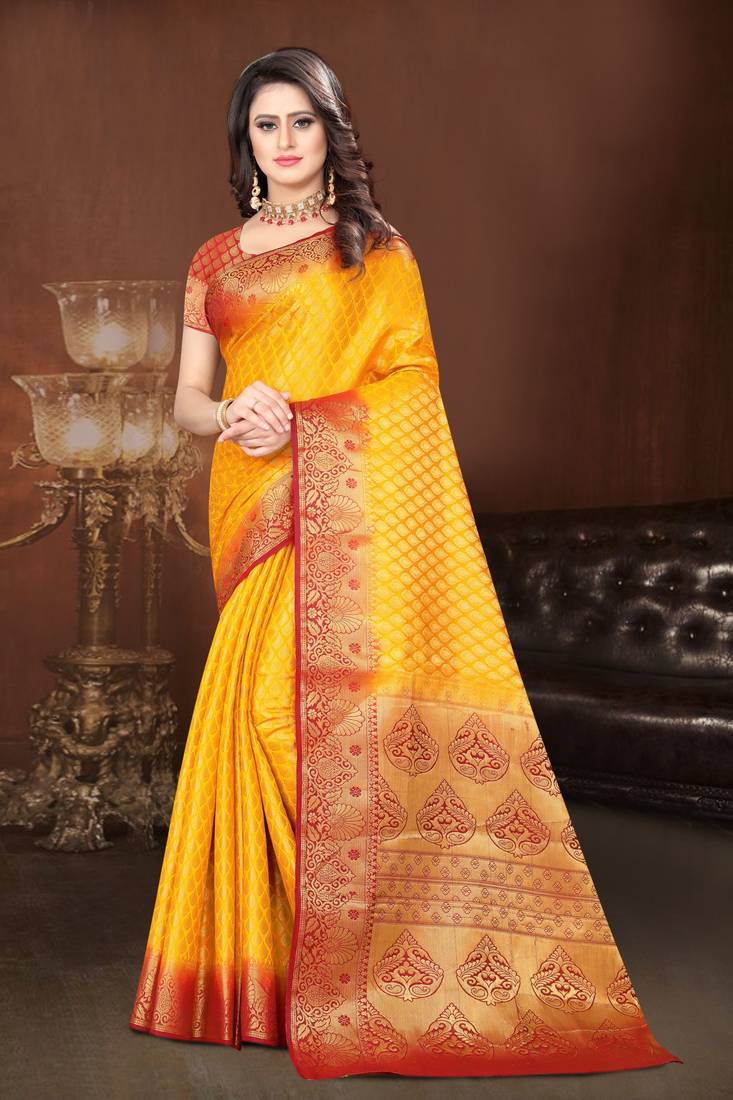 Yellow woven kanchipuram silk saree with blouse