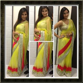 Lemon Green Net saree 1