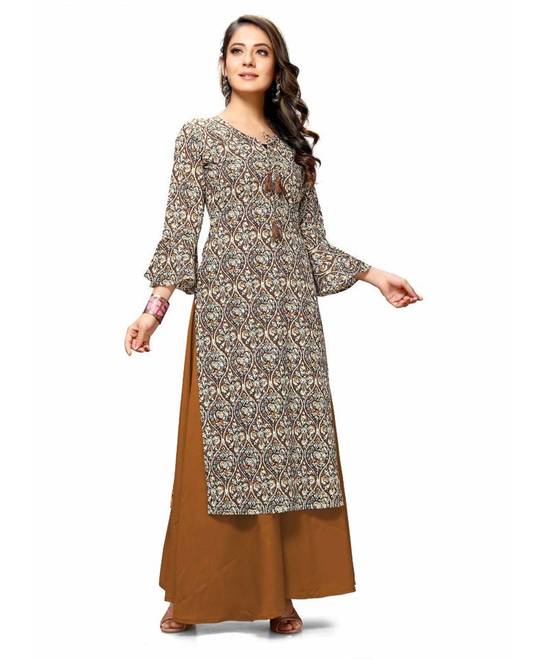 Women's Brown Coloured Cotton Jaipuri with Front Strings & Bell Sleeves Printed Kurti VARYAA
