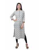 Women's White Coloured Green Floral Cotton Jaipuri Printed Kurti with Chinese Collar