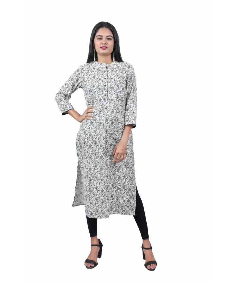 Women's White Coloured Green Floral Cotton Jaipuri Printed Kurti with Chinese Collar