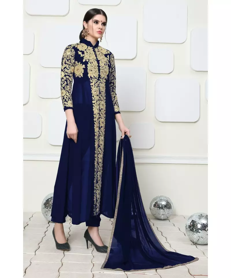 Blue Embroidered Jacket Style Faux Georgette Salwar Suit