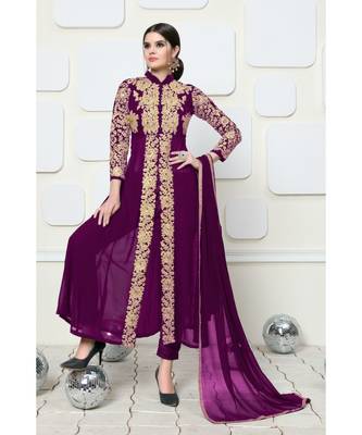 Purple Embroidered Faux Georgette Semi Stitched Abaya Style Salwar With Dupatta 2