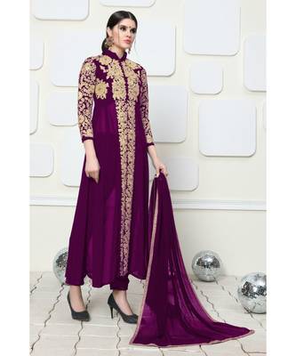 Purple Embroidered Faux Georgette Semi Stitched Abaya Style Salwar With Dupatta 4
