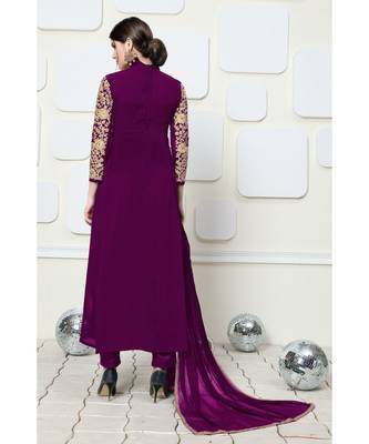 Purple Embroidered Faux Georgette Semi Stitched Abaya Style Salwar With Dupatta 5