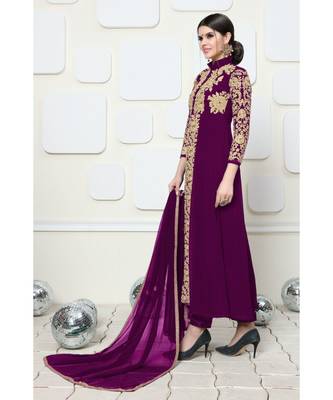 Purple Embroidered Faux Georgette Semi Stitched Abaya Style Salwar With Dupatta 8