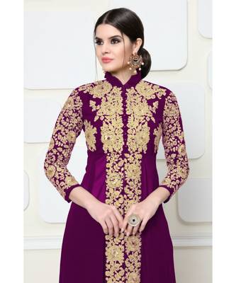 Purple Embroidered Faux Georgette Semi Stitched Abaya Style Salwar With Dupatta 11