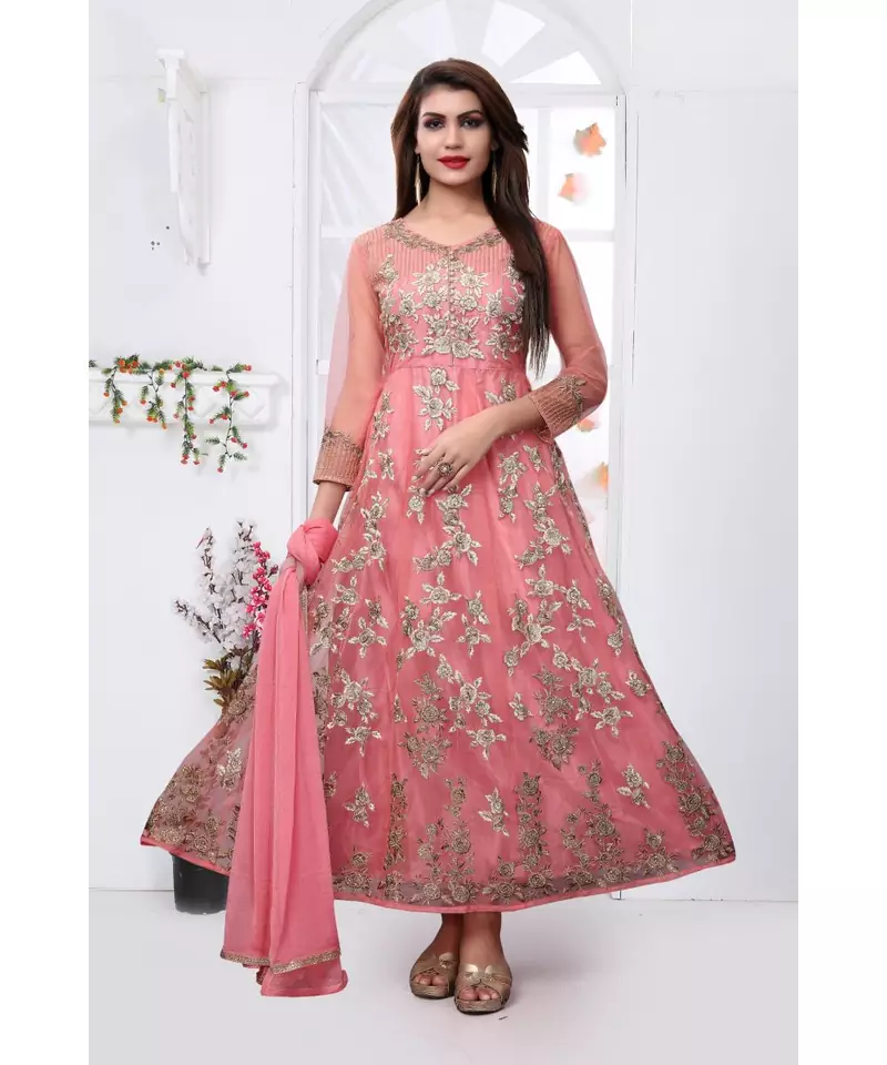 Dark Peach Embroidered Net Anarkali Salwar Suit
