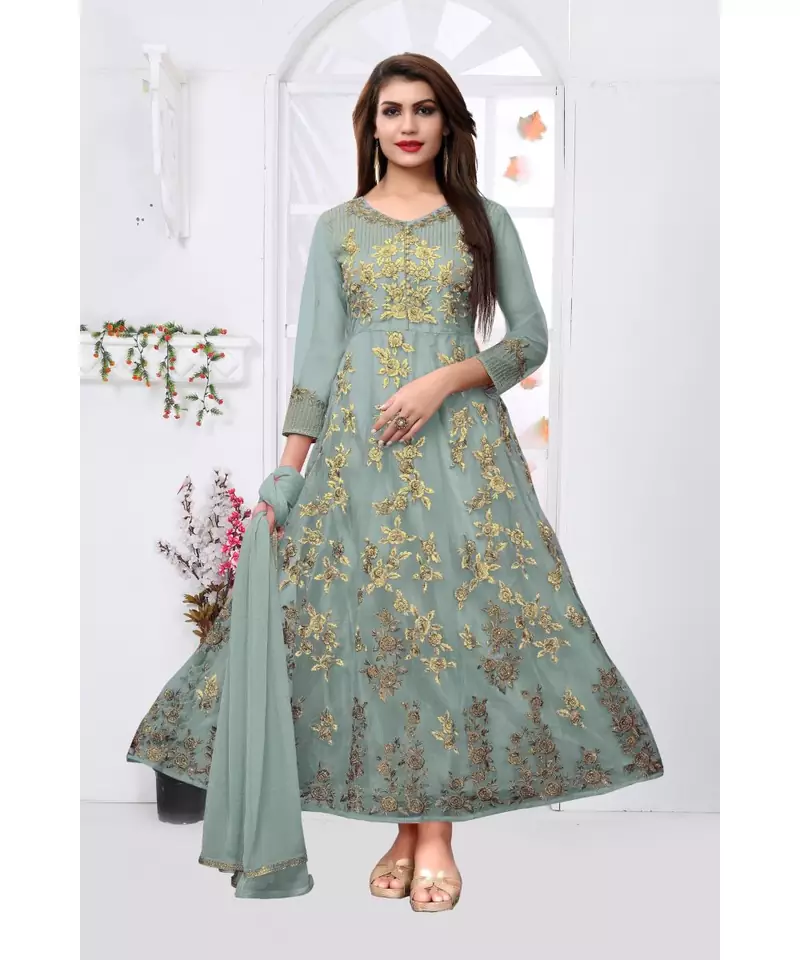 Grey embroidered net Anarkali Suit