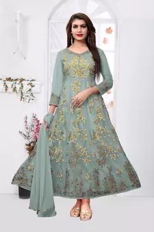 Grey embroidered net Anarkali Suit