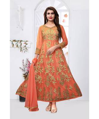 Orange embroidered net Anarkali Suit 3