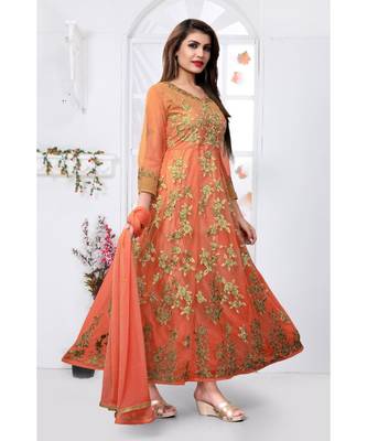 Orange embroidered net Anarkali Suit 4