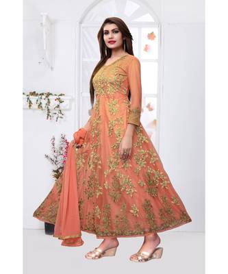 Orange embroidered net Anarkali Suit 5