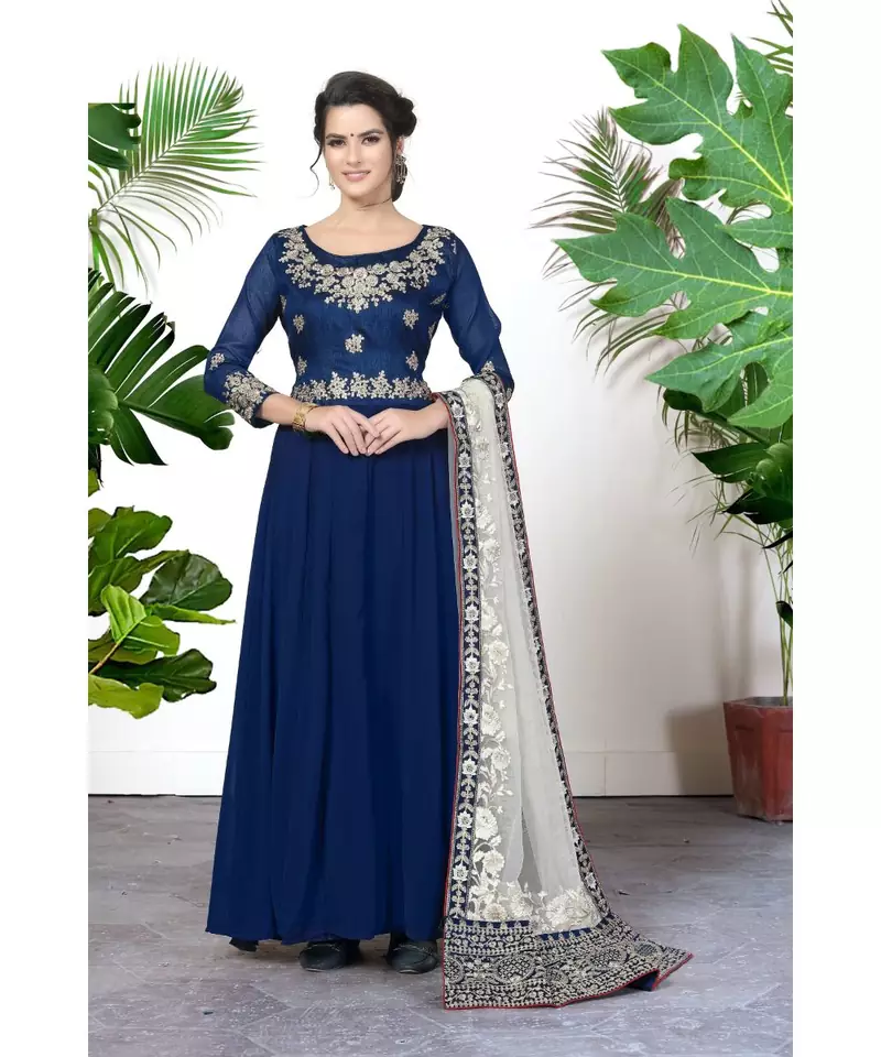 Blue Embroidered Faux Georgette Salwar