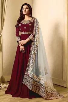 Maroon Embroidered Faux Georgette Anarkali Suit