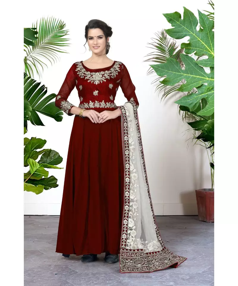 Maroon Embroidered Faux Georgette Anarkali Suit
