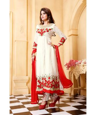 White Embroidered Faux Georgette Semi Stitched Anarkali Salwar With Dupatta 1
