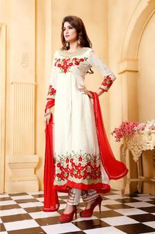 White Embroidered Faux Georgette Semi Stitched Anarkali Salwar With Dupatta