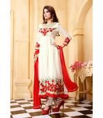 White Embroidered Faux Georgette Semi Stitched Anarkali Salwar With Dupatta