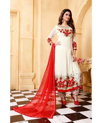 White Embroidered Faux Georgette Semi Stitched Anarkali Salwar With Dupatta 2