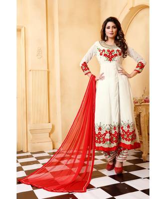 White Embroidered Faux Georgette Semi Stitched Anarkali Salwar With Dupatta 4