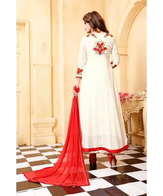 White Embroidered Faux Georgette Semi Stitched Anarkali Salwar With Dupatta 5