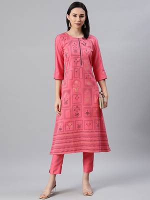 Pink printed rayon kurtas-and-kurtis 5