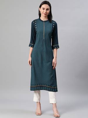 Teal printed rayon kurtas-and-kurtis 1