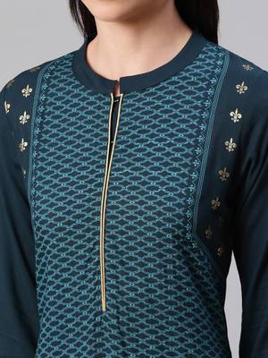 Teal printed rayon kurtas-and-kurtis 4