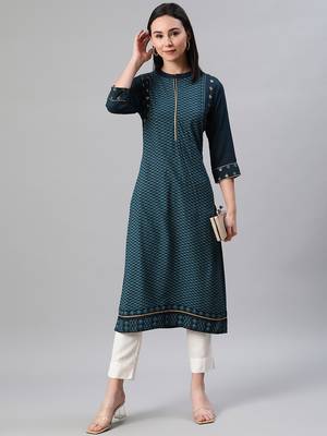 Teal printed rayon kurtas-and-kurtis 5