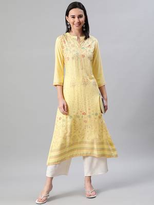 Yellow printed rayon kurtas-and-kurtis 1