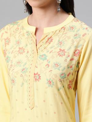 Yellow printed rayon kurtas-and-kurtis 4