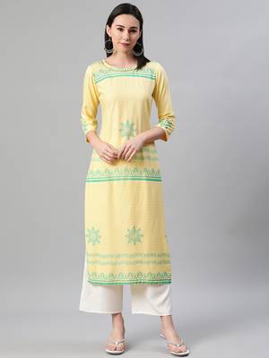 Yellow printed rayon kurtas-and-kurtis 1