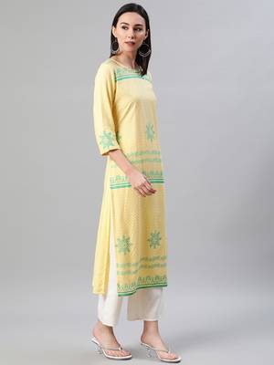 Yellow printed rayon kurtas-and-kurtis 2