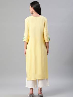 Yellow printed rayon kurtas-and-kurtis 3