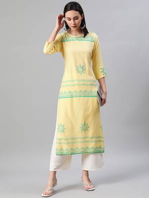 Yellow printed rayon kurtas-and-kurtis 5