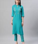 Turquoise printed rayon kurtas-and-kurtis