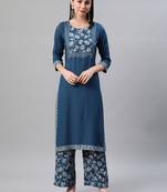 Teal printed rayon kurtas-and-kurtis