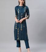 Teal printed rayon kurtas-and-kurtis