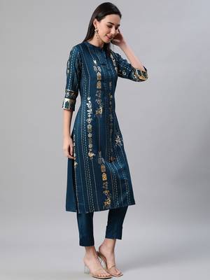 Teal printed rayon kurtas-and-kurtis 2