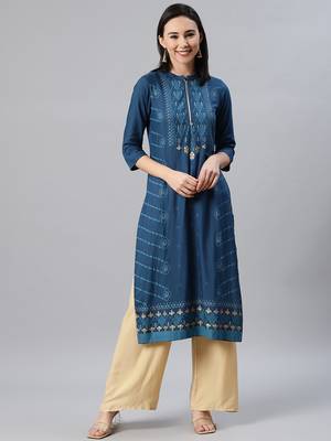 Teal printed rayon kurtas-and-kurtis 1