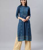 Teal printed rayon kurtas-and-kurtis