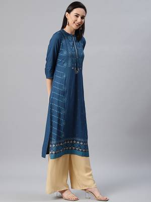 Teal printed rayon kurtas-and-kurtis 2