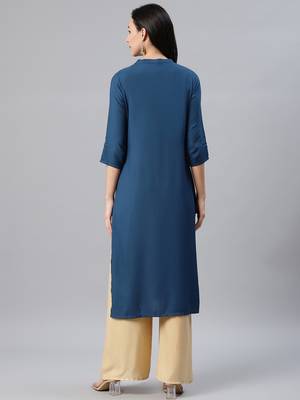 Teal printed rayon kurtas-and-kurtis 3