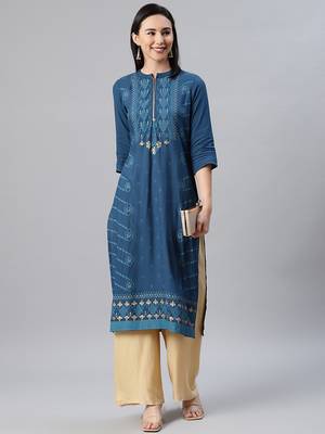 Teal printed rayon kurtas-and-kurtis 5