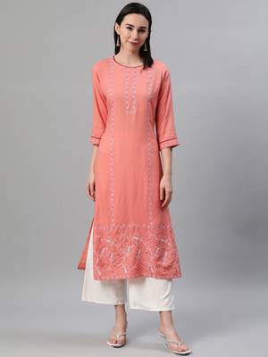 Peach printed rayon kurtas-and-kurtis 1