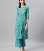Teal printed cotton kurtas-and-kurtis