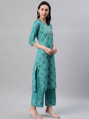 Teal printed cotton kurtas-and-kurtis 2